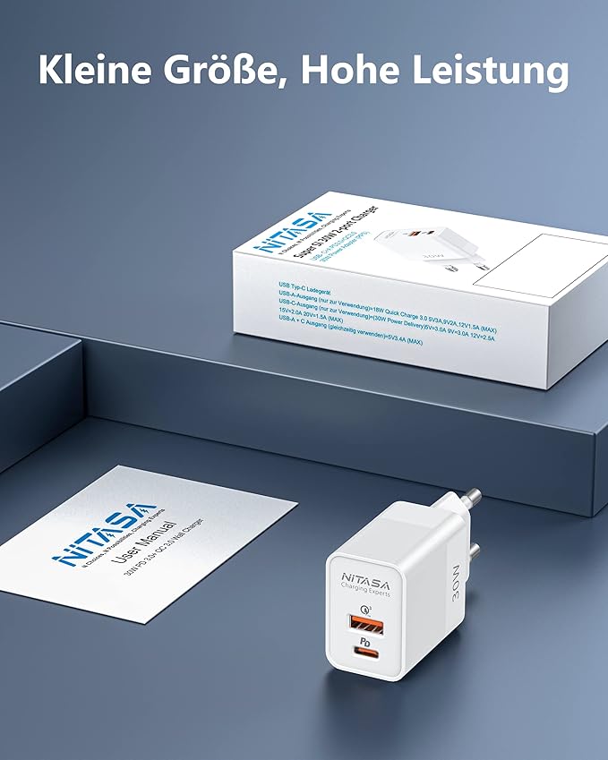 USB C Wall Charger,NITASA 30W Dual Port PD Fast Charger Adapter Block for iPhone 16/14 Plus/16 Pro Max/15/15 iPad,Super Fast Charger Block(25W PPS) Type C for Samsung Galaxy S24 S23 Pixel 9 7/8 Pro