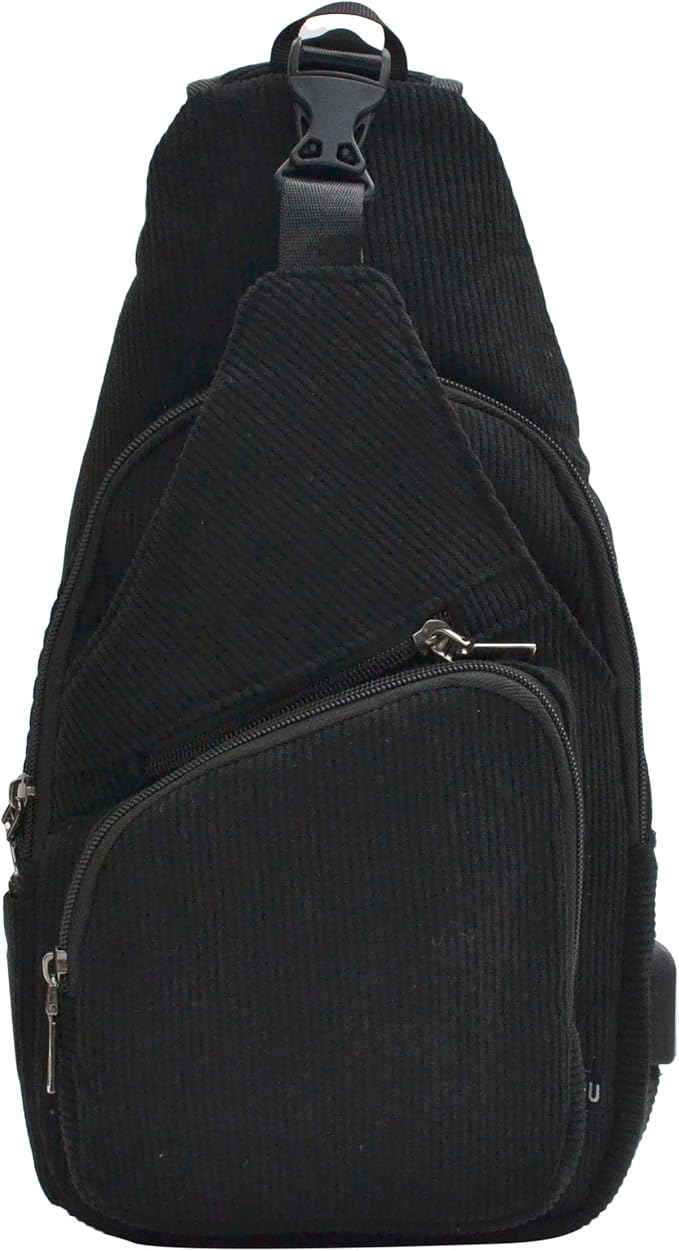 Anti-Theft Daypack Crossbody Sling Backpack, USB Charging, Lightweight Day Pack for Travel, Hiking, Everyday, Regular, Black Corduroy