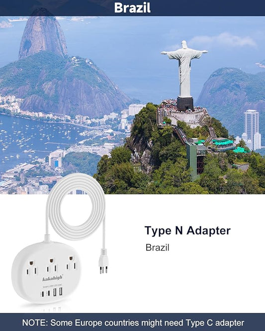 Brazil Power Adapter, Outlet Adapter for Brazil with 3 American Outlets 4 USB Ports (2 USB-C) Total 24W, Type N Plug Adapter for USA to Brazil, 5FT