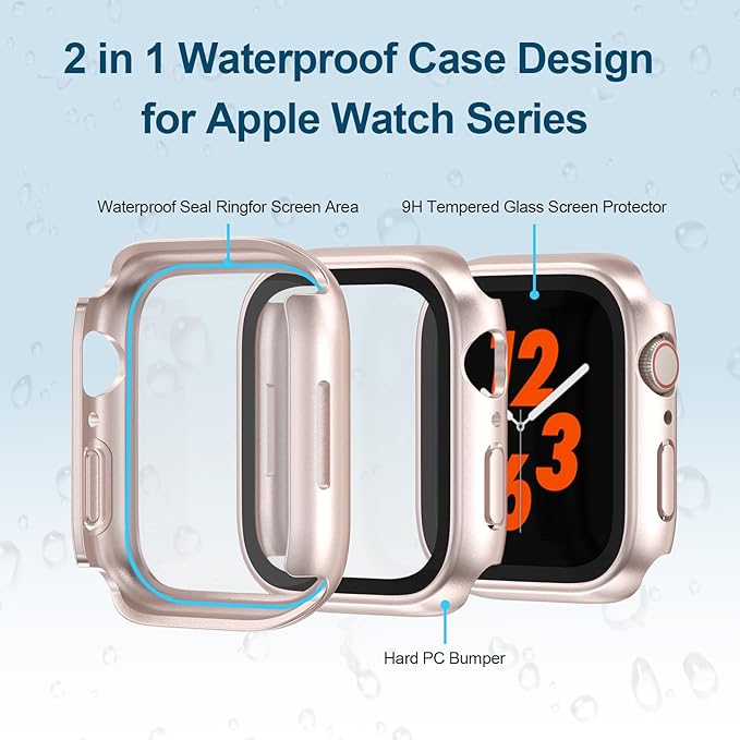2 in 1 Waterproof Case for Apple Watch Screen Protector 41mm Series 7 8 9 Accessories with Tempered Glass Film Face Protective & PC Bumper Cover Compatible iWatch 41mm