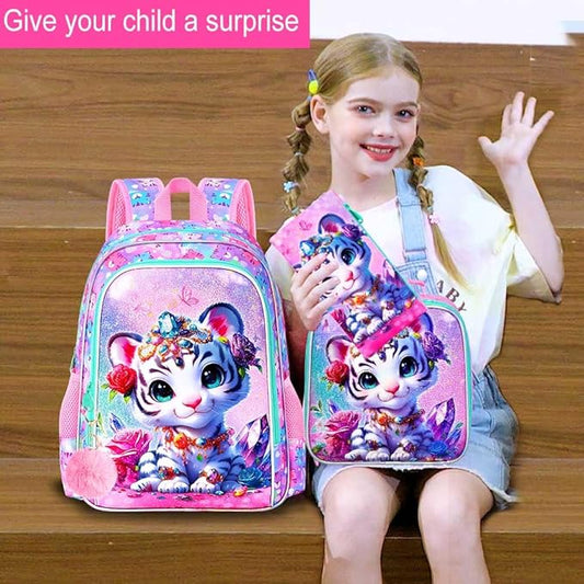 16" Tiger Backpack for Girls, 3Pcs Kids School Backpacks with Lunch Box, Bookbag for Elementary Preschool Kindergarten(Pink)