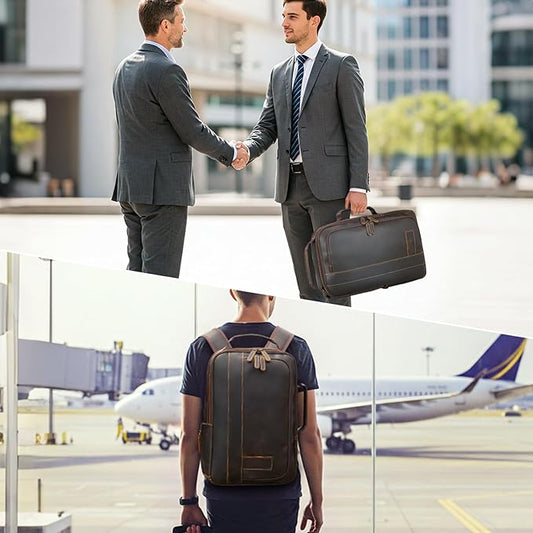 Masa Kawa Leather 15.6" Laptop Backpack for Men Convertible Briefcase Backpacks Expandable Vintage Business Work Travel Rucksack Daypack, Brown