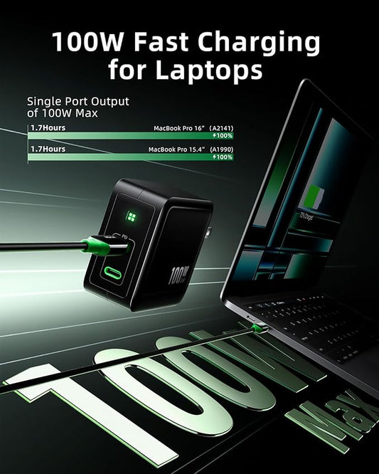 USB C Charger Block, 100W GaN+ Dual Port USB C Fast Charging Block Foldable Compact Wall Charging Power Adapter for MacBook Pro/Air, iPad, iPhone Series, Galaxy S24/S23, and More