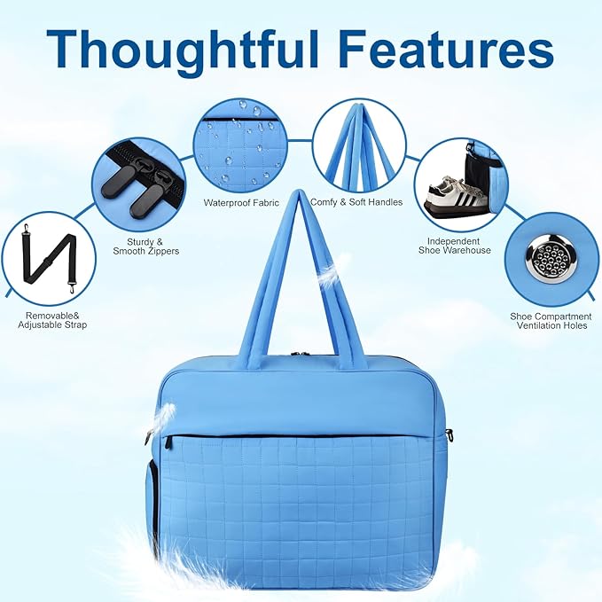 Felipe Varela Large Puffy Tote Bag, Gym Bags for Women with Shoe Compartment, Weekender Overnight Lightweight Carry on Puffer Duffle Bag for Travel (Blue,36L)