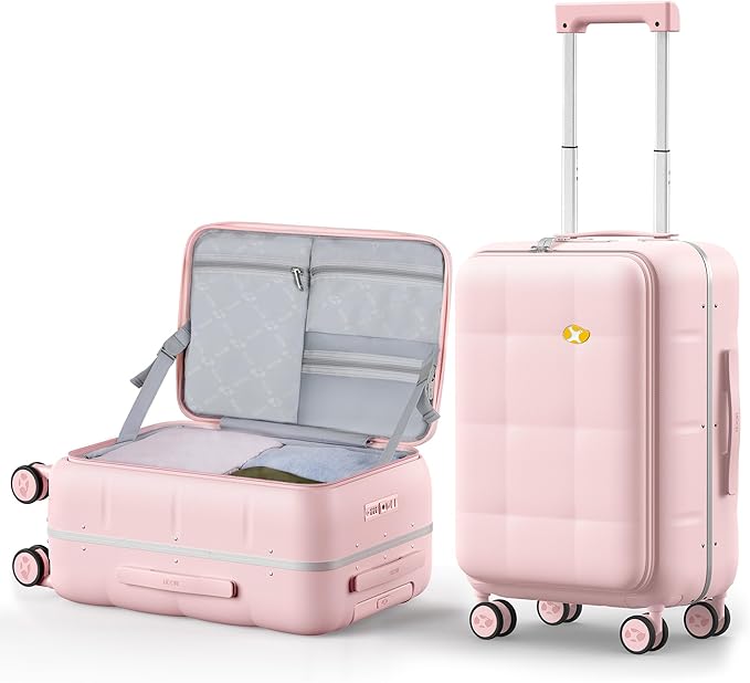 MGB 20 Inch Top Open Carry On Luggage 22x14x9 Airline Approved, 100% PC Hard Shell Carry On Suitcase with Spinner Wheels, Front Opening Travel Luggage for Women Men Gifts. Pink
