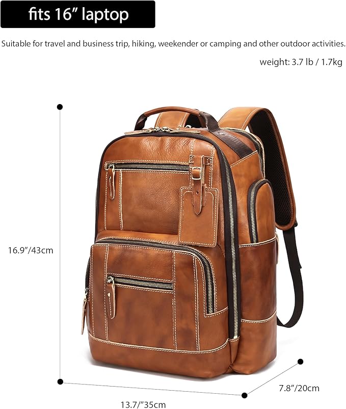 LANNSYNE Vintage Genuine Leather Backpack for Men, 15.6" Laptop Backpack Camping Travel 24L Rucksack