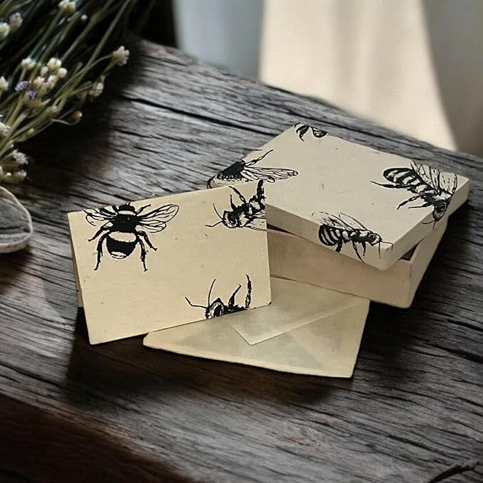 Kathmandu Valley Co. Nepali Cherish Greeting Card & Envelope Box Set with Handmade Lokta Paper from Nepal, 15 Cards (Bees)