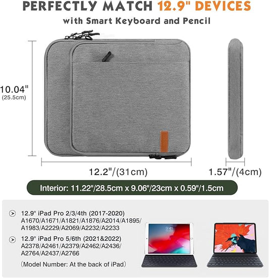 MoKo 12.9 Inch Tablet Sleeve Bag Carrying Case with Pockets Fits iPad Pro 12.9 M2 2022/2021/2020, Surface Laptop Go 12.4", Galaxy Tab S8+/S9+ 12.4" 2022/2023, Light Gray
