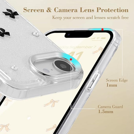 EYZUTAK Case for iPhone 16e, Bling Glitter 3D Bowknot Phone Case Cute Sparkly Crystal Clear Bow Aesthetic Design Cover Slim Soft Durable TPU Transparent Protective Cover for Women Girl - Black Bow