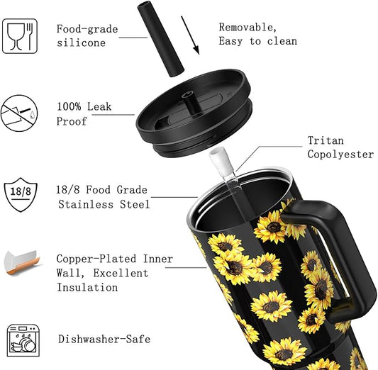 TILUCK 40 oz Tumbler with Handle, Vacuum Insulated Stainless Steel Travel Mug with 100% Leak-Proof Silicone Straw Lid, Cupholder Friendly Water Bottle(SunFlower, 40oz)
