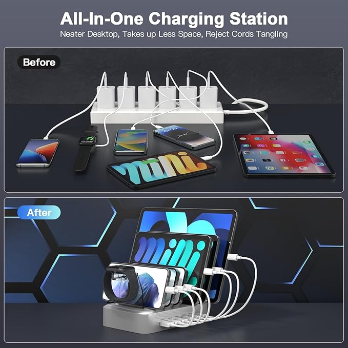 MSTJRY 90W 6-Port USB C Fast Charging Station for Multiple Devices, Multi PD Charger Station for iPhone iPad Tablet Phone, Charging Dock Organizer with Adjustable Dividers for Home Office Classroom