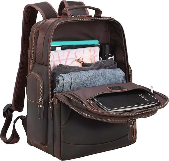 TIDING Full Grain Leather 17.3 Inch Laptop Backpack for Men Large Capacity Travel Weekender Camping Daypack Rucksack