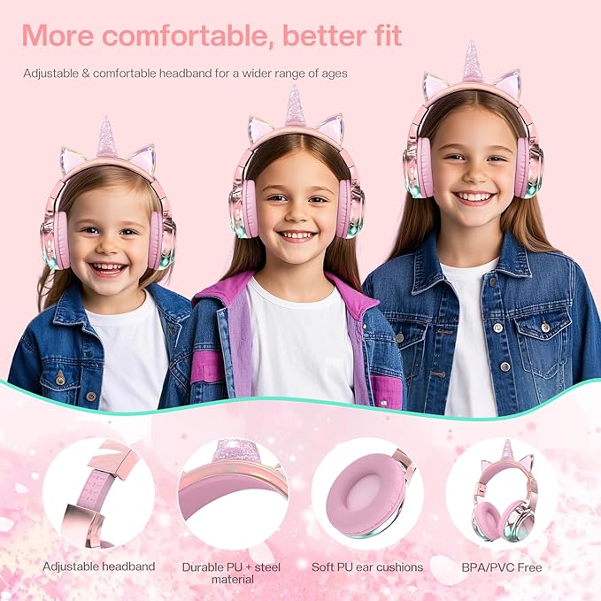 QearFun Kids Unicorn Bluetooth Headphones, 60H Playtime, 74/85/94dB Safe Volume Limit, Metallic Gradient Wireless Headset with Mic, Fast Charging, Foldable, Wired Mode for Girls School/Tablet/Travel