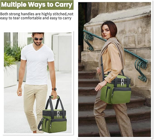 Insulated Lunch Bag & Lunch Box for Men - Double Deck Reusable Lunch Bag for Women Tote Cooler Bag Leakproof Soft Expandable - Large Lunchbox for Work/Adult/Picnic/Outdoor (Green,15L)