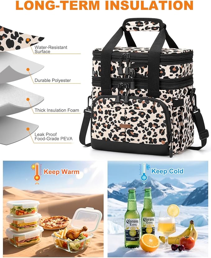 Lunch Box For Men Women Double Deck Insulated Lunch Bag For Men Woman Leakproof Expandable Cooler Bag with Adjustable Shoulder Strap for Work Picnic School(Leopard,16L)