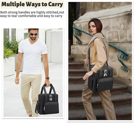 Insulated Lunch Bag & Lunch Box for Men - Double Deck Reusable Lunch Bag for Women Tote Cooler Bag Leakproof Soft Expandable - Extra Large Lunchbox for Work/Adult/Picnic/Outdoor (Black,22L)