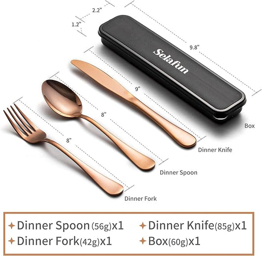 4-pieces Travel Set with Case Portable Silverware Utensils Set for work, Stainless Steel Reusable Flatware Set Cutlery Set for Camping Picnic Hiking Office (8inch, Rose Gold)