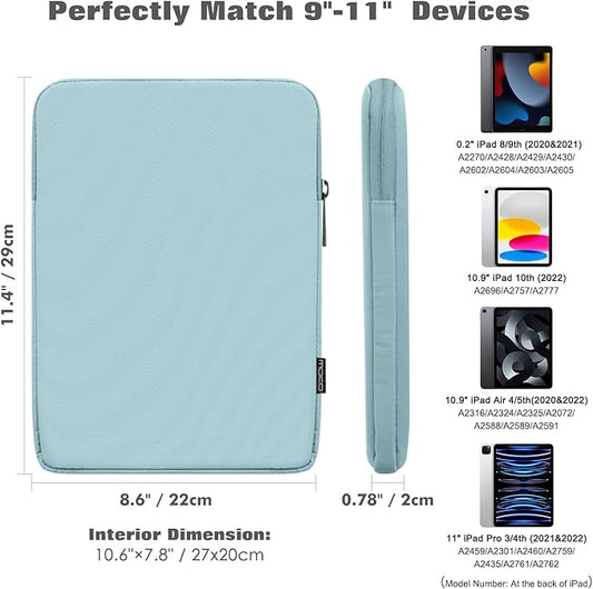 Moko 9-11 Inch Tablet Sleeve Bag Carrying Case Fits iPad air 5 10.9" 2022, iPad Pro 11 M2 2022-2018, iPad 10th 10.9,iPad 9/8/7th Gen 10.2,iPad Air 4 10.9/Air 3 10.5,Tab S8/S9 11", Misty Blue