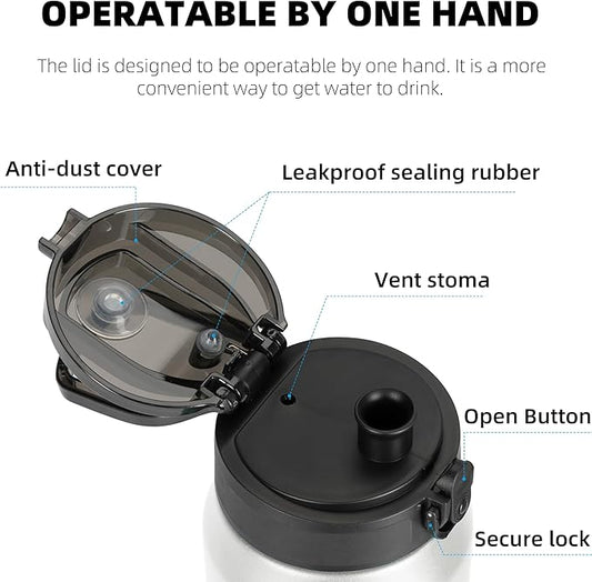 Fanhaw 24 Oz Insulated Stainless Steel Vacuum Water Bottle with Anti-Dust Pop-Open Lid - For Kids, Women, Men | Leak & Sweat Proof (White Black)