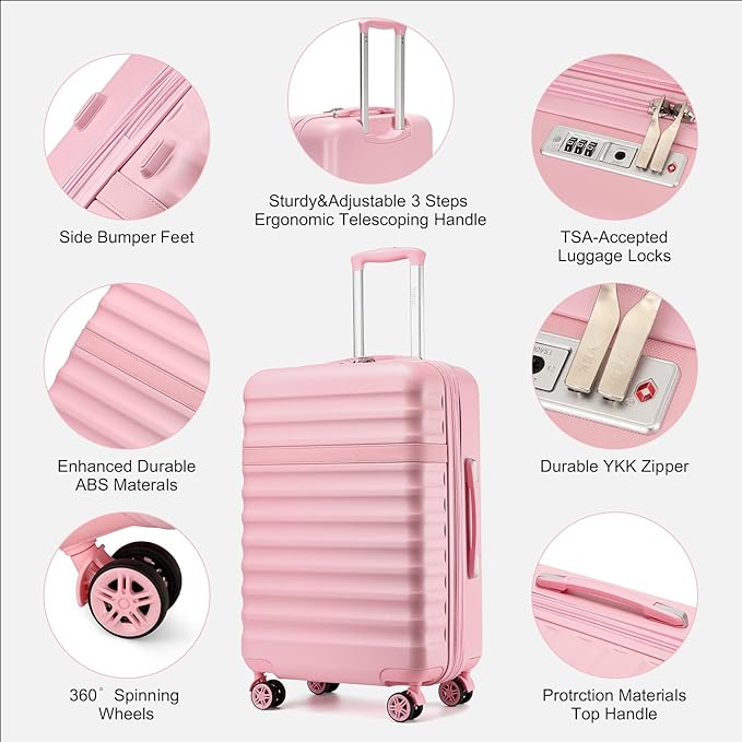 Kono Medium Checked Luggage 24 Inch Expandable With Spinner Wheels, TSA Lock, ABS+PC Lightweight Travel Suitcase Larger And Lighter Capacity, Pink