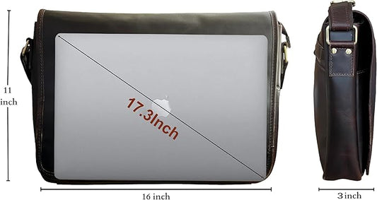 Leather Messenger Bag for Men 16" Full Grain Leather Laptop Bag Vintage Crossbody Office Satchel Travel Shoulder Bag