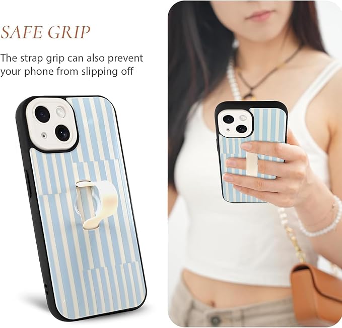 Compatible with iPhone 14 Case with Finger Hand Strap Kickstand, Trendy Cool Striped Phone Case for Women Men, Full Camera Protection Shockproof Protective Cover, White and Blue Stripes