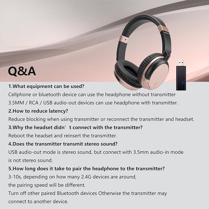 Bluetooth Wireless Over Ear Light Weight Headphone with Low Latency USB Transmitter for TV,PC,3.5mm Audio Device, Stereo Wireless Headset Built-in Microphone for Cell Phone (Rose Gold)