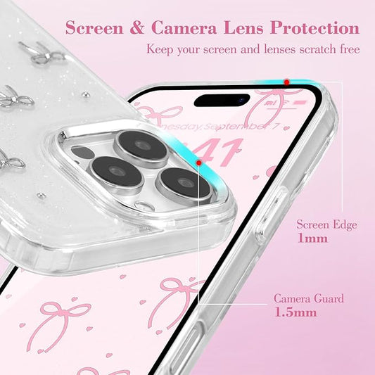 EYZUTAK Case for iPhone 16 Pro, Bling Glitter 3D Bowknot Phone Case Cute Sparkly Crystal Clear Bow Aesthetic Design Case Slim Soft Durable TPU Transparent Protective Cover for Women Girls - Bow