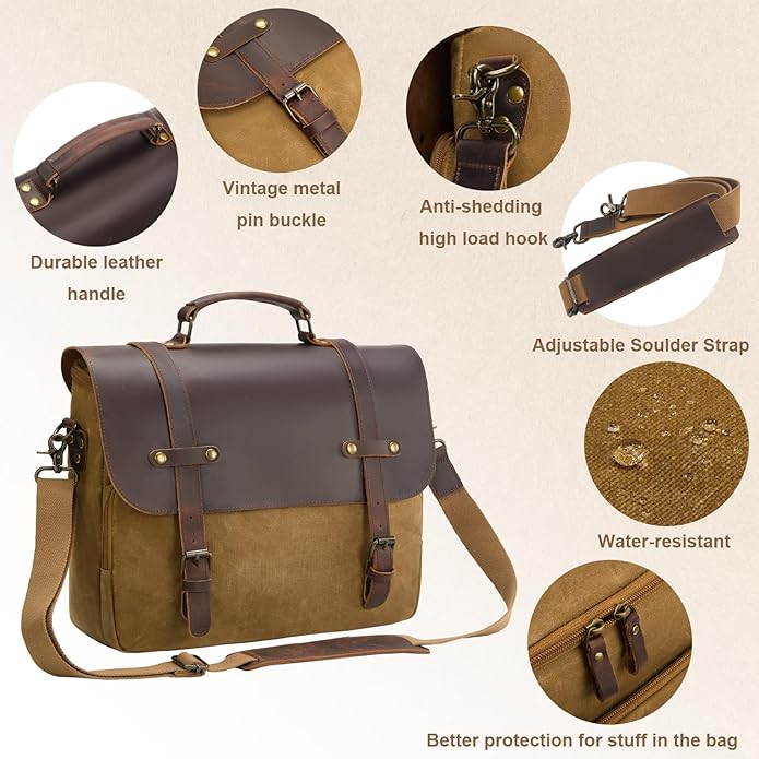 Mens Messenger Bag Waxed Canvas Laptop Briefcase 15.6“ Vintage Genuine Leather Crossbody Bags Waterproof Satchel Shoulder Bag