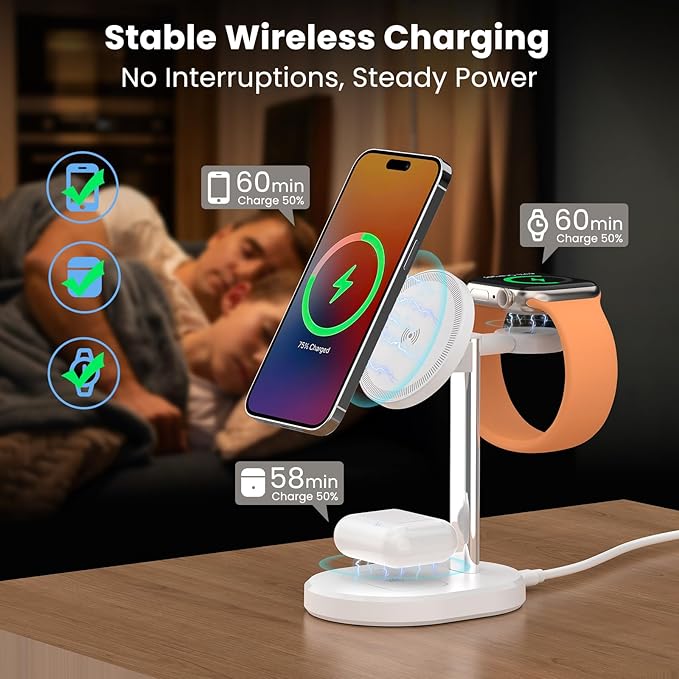 3 in 1 Wireless Charging Station,Detachable Apple Watch Charger & 15W Charger Stand for MagSafe for iPhone, Wireless Charger for Multiple Devices iPhone 16/15/14/13&Watch&AirPods(Orange)