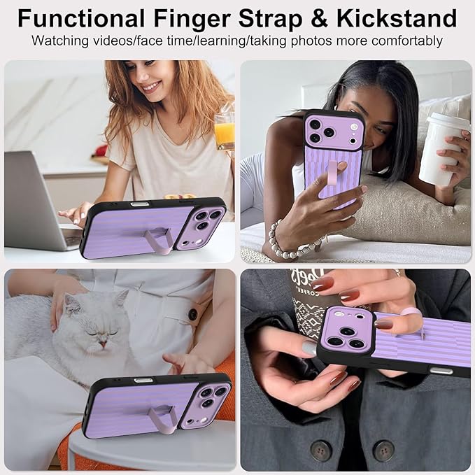 Compatible with iPhone 17 Pro Max Case with Finger Hand Strap Kickstand, Trendy Cool Striped Phone Case for Women Men, Full Camera Protection Shockproof Protective Cover, Purple Stripes