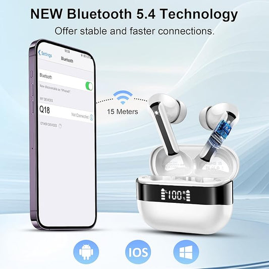 Wireless Earbuds, Bluetooth 5.4 Headphones with HiFi Stereo, in Ear Earphones with 4 ENC Mics, 48H Bluetooth Earbuds with LED Display Charging Case, IP7 Waterproof Ear Buds for Android iOS White
