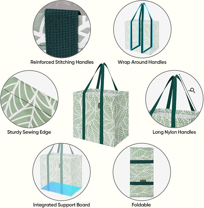 BALEINE 4 PK Grocery Bags Reusable Shopping Bags with Reinforced Bottom, Heavy Duty Foldable Tote Bags (Antique Folidage)