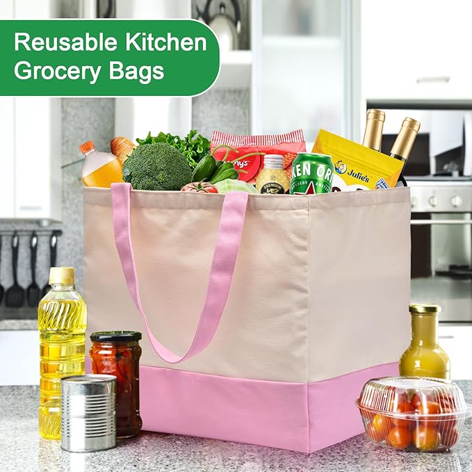 3 Pack Reusable Grocery Bags - Heavy Duty, 8.3 gal Foldable Large Canvas Tote Bag with Handles, Holds 60 lbs, Eco-friendly Bags with 5 Pockets, Pink+Off White