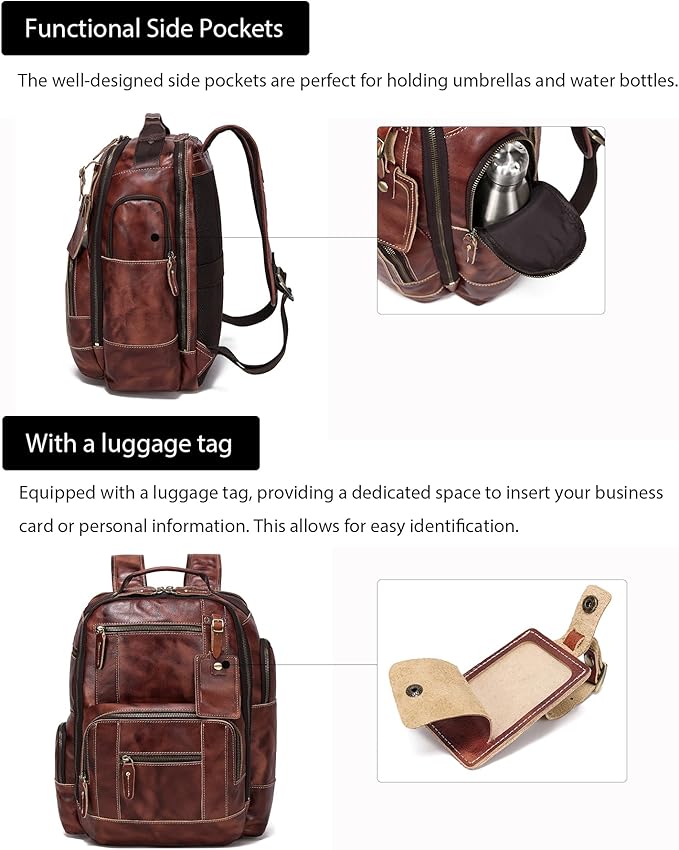 LANNSYNE Full Grain Leather Backpack For Men, Fits 16" Laptop, Coffee