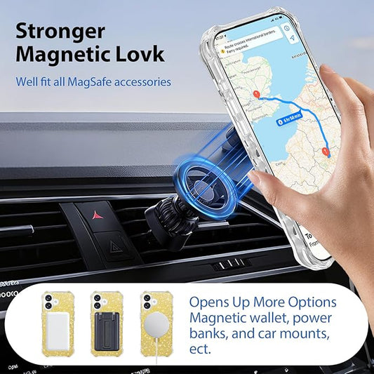 Magnetic for iPhone 17 Case with Invisible Stand, Compatible with MagSafe, Clear Bling Sparkle Shockproof Slim Anti-Slip Military Drop Protection Hard Phone Case 6.3" Glitter Gold