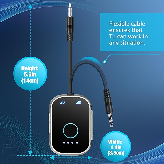 Bluetooth Transmitter Receiver for TV, 2-in-1 Bluetooth 5.3 Adapter for Airplane, Gym Equipment, Cars, for up to Two Wireless Headphones, Cell Phones.