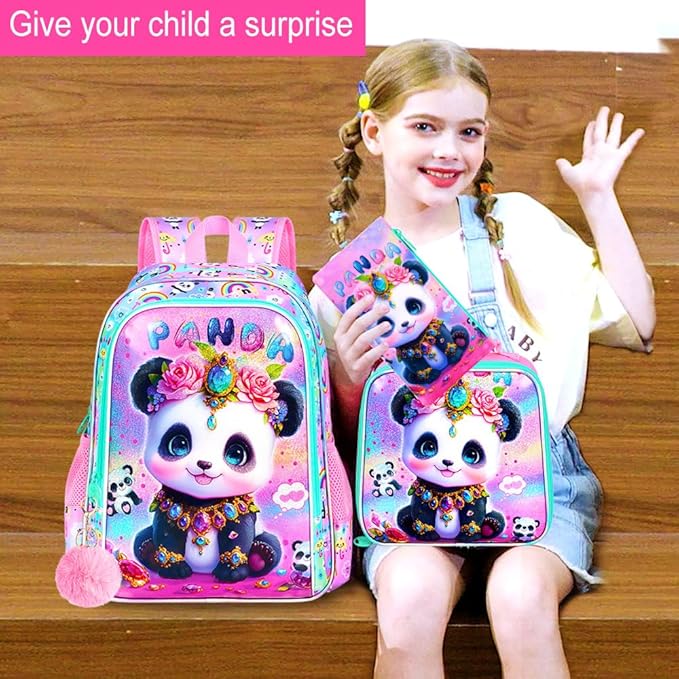 3Pcs Panda Backpack for Girls, 16" Kids School Backpacks with Lunch Box, Bookbag for Elementary Preschool Kindergarten(Pink)