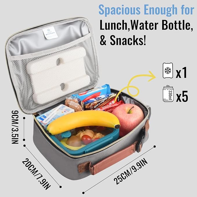 Genteen Lunch Box for Men Women Adults Kids - Insulated Small LunchBox Reusable, Zip Closure & Buckle Handle, Portable Cooler for Work, School, Travel (Gray)