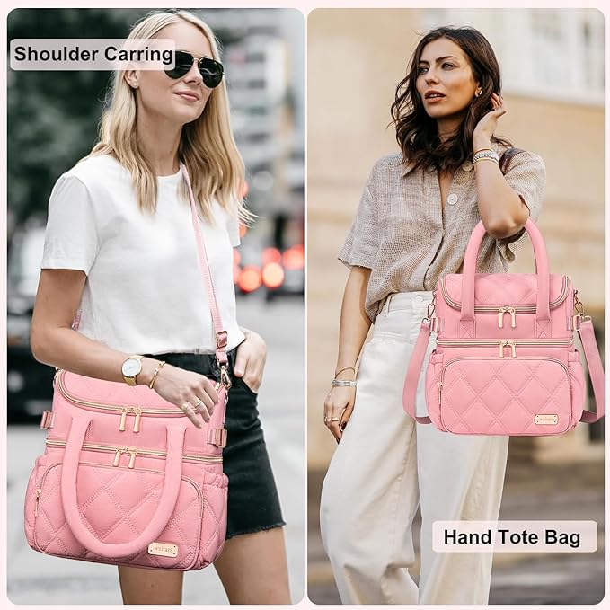 Weitars Lunch Bag for Women Men,Double Deck Lunch Box for Women,Quilted Lunch Tote for Work,Insulated Lunch Cooler Leakproof Lunchbox for Adult with Shoulder Strap &Pockets for Picnic Hiking (Pink)