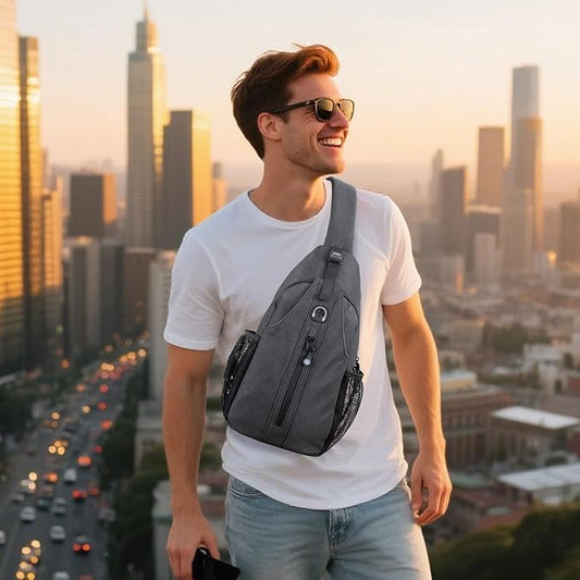 LEDAOU Crossbody Sling Bag for Men Anti-Theft Sling Backpack Cross Body Shoulder Chest Bag Fanny Pack Travel Hiking (Black-Grey)