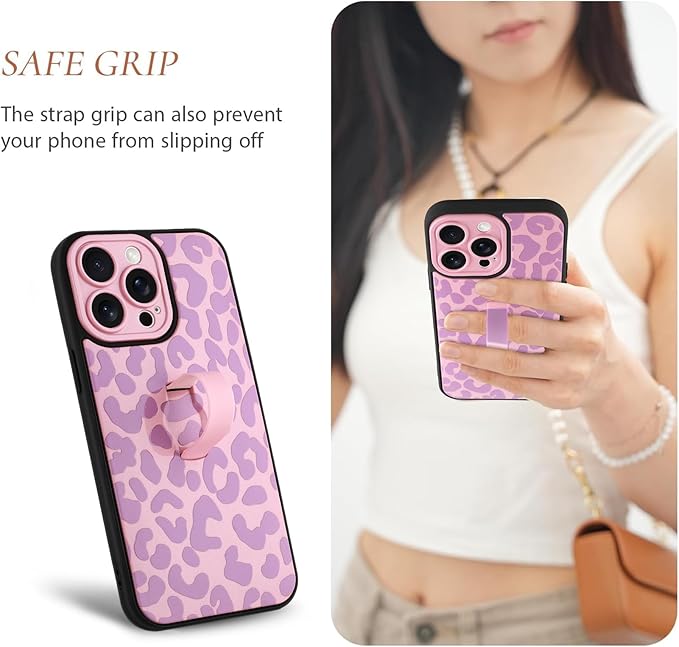 Compatible with iPhone 14 Pro Case with Finger Hand Strap Kickstand, Trendy Cool Leopard Cheetah Print Phone Case for Women Men, Full Camera Protection Shockproof Protective Cover, Pink