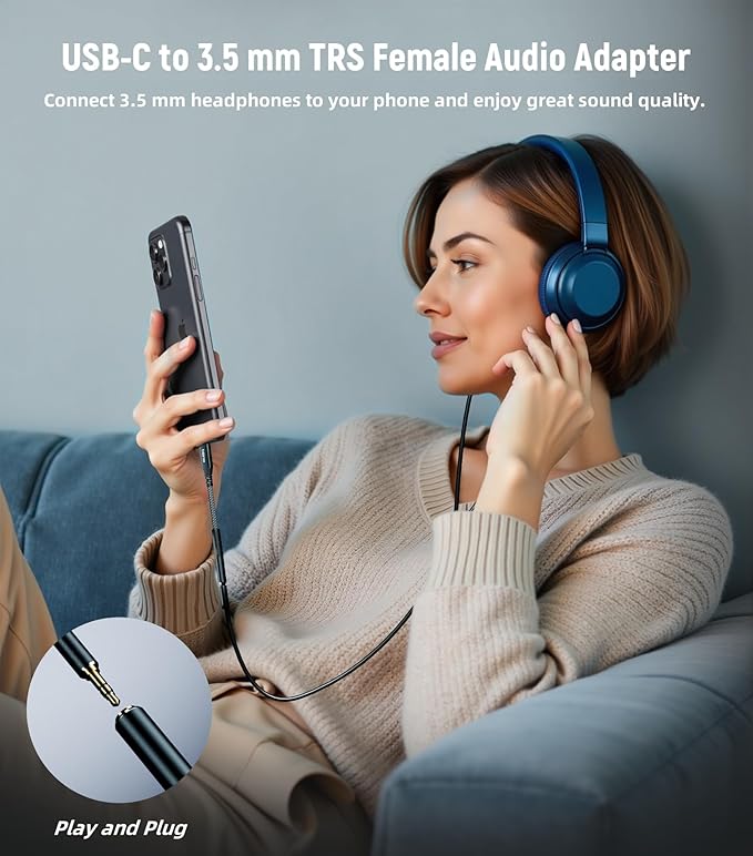 USB C to 3.5mm Headphone Jack Adapter 20cm, USB Type C to 3.5mm AUX Female Audio Dongle Cable Cord Compatible with iPhone 16/15 Pro Max, Samsung S24/S23/S22, iPad Pro, Pixel, MacBook