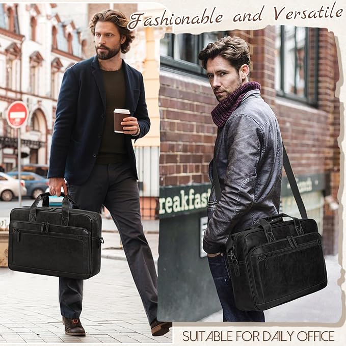 RAINSMORE Mens Laptop Bag 16 Inch Leather Briefcase Vintage Messenger Bag for Men Large Crossbody Shoulder Office Computer Bag Retro College Satchel for Work, Business,Travel, Black