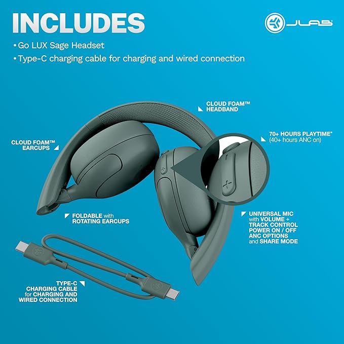 JLab Go Lux ANC Wireless Headphones, Sage, Hybrid Active Noise Cancelling, Premium On-Ear Bluetooth Headset, Customizable Sound, Be Aware Mode, Cloud Foam Comfort, Multipoint Connection