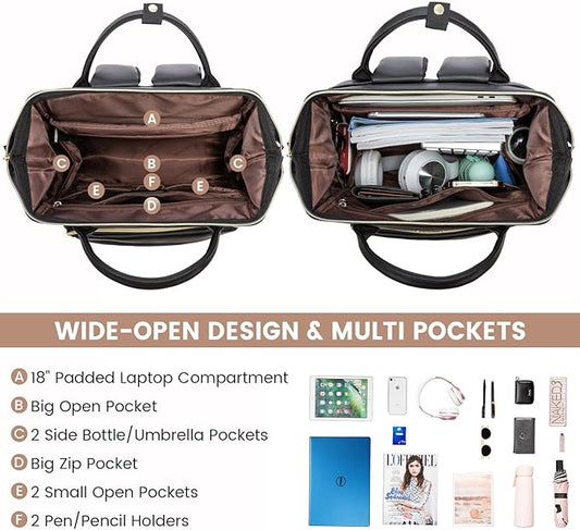 LOVEVOOK Leather Laptop Backpack for Women 18 inch,Travel Backpack Purse Nurse Teacher Backpack Computer Laptop Bag,Professional College Business Work Bags Carry On Backpack with USB Port,Black