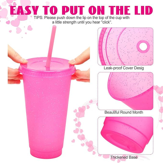 Honeydak 60 Pack Tumbler with Straw and Lid Bulk Glitter Plastic Cups Water Bottle Iced Coffee Travel Mug Reusable Party Favor Cups for Birthdays travel 24-27 oz (Hot Pink)