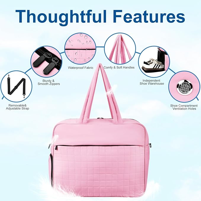 Felipe Varela Large Puffy Tote Bag, Gym Bags for Women with Shoe Compartment, Weekender Overnight Lightweight Carry on Puffer Duffle Bag for Travel (Pink,36L)