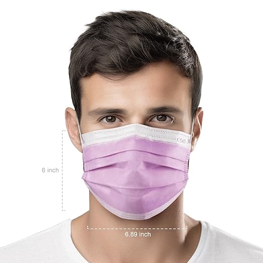 CSD Colo 30 Pcs Purple Disposable Face Masks, 3 Ply Adult Mask with Elastic Ear Loop, Nose Bridge Clip, Breathable Comfortable Mask Great for Indoor, Outdoors Use (Lavender Purple)