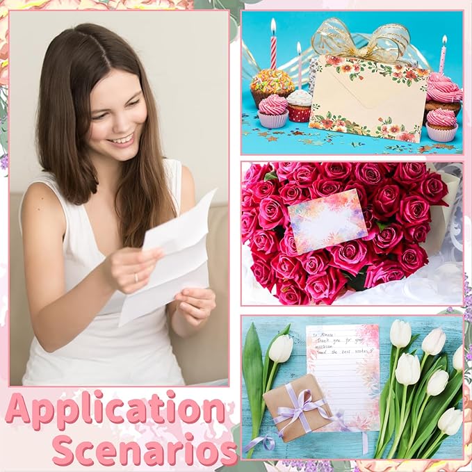 160 Pcs Stationery Paper Set Including 50 Matching Envelopes 50 One Sided Stationery Writing Papers 60 Round Dot Sticker for School Office Supplies,10 Design, 5.5 x 8.25 Inch(Flower)